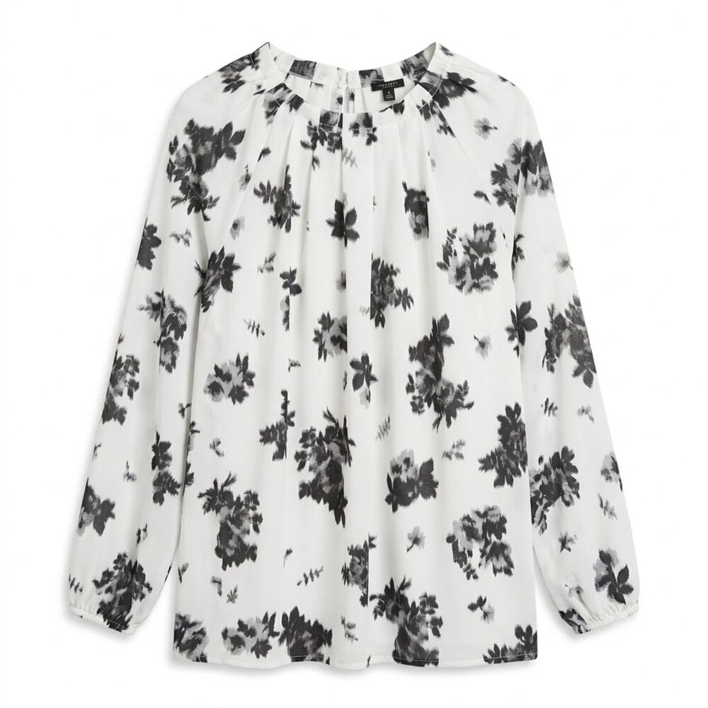 Ann Taylor XXL White Black Watercolor Floral Pleated Neck Long Sleeve Blouse